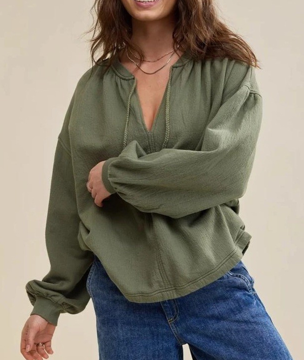 Aerie Easy Street Oversized Slouchy Sweatshirt Peasant Boho Olive Green‎ XXS NWT